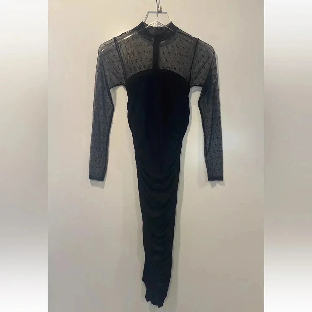 Pretty Little Thing Black Illusion Ruched Bodycon Midi‎ Dress Womens 6 (1222) - Picture 3 of 6
